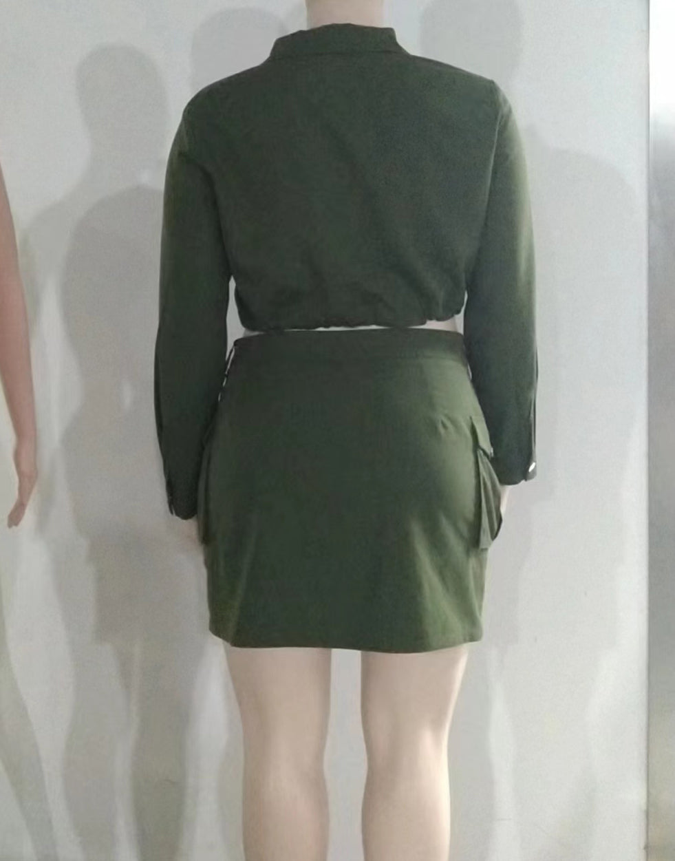 Women Turndown Collar Long Sleeve Pocket Top and Skirt Two-piece Set 10