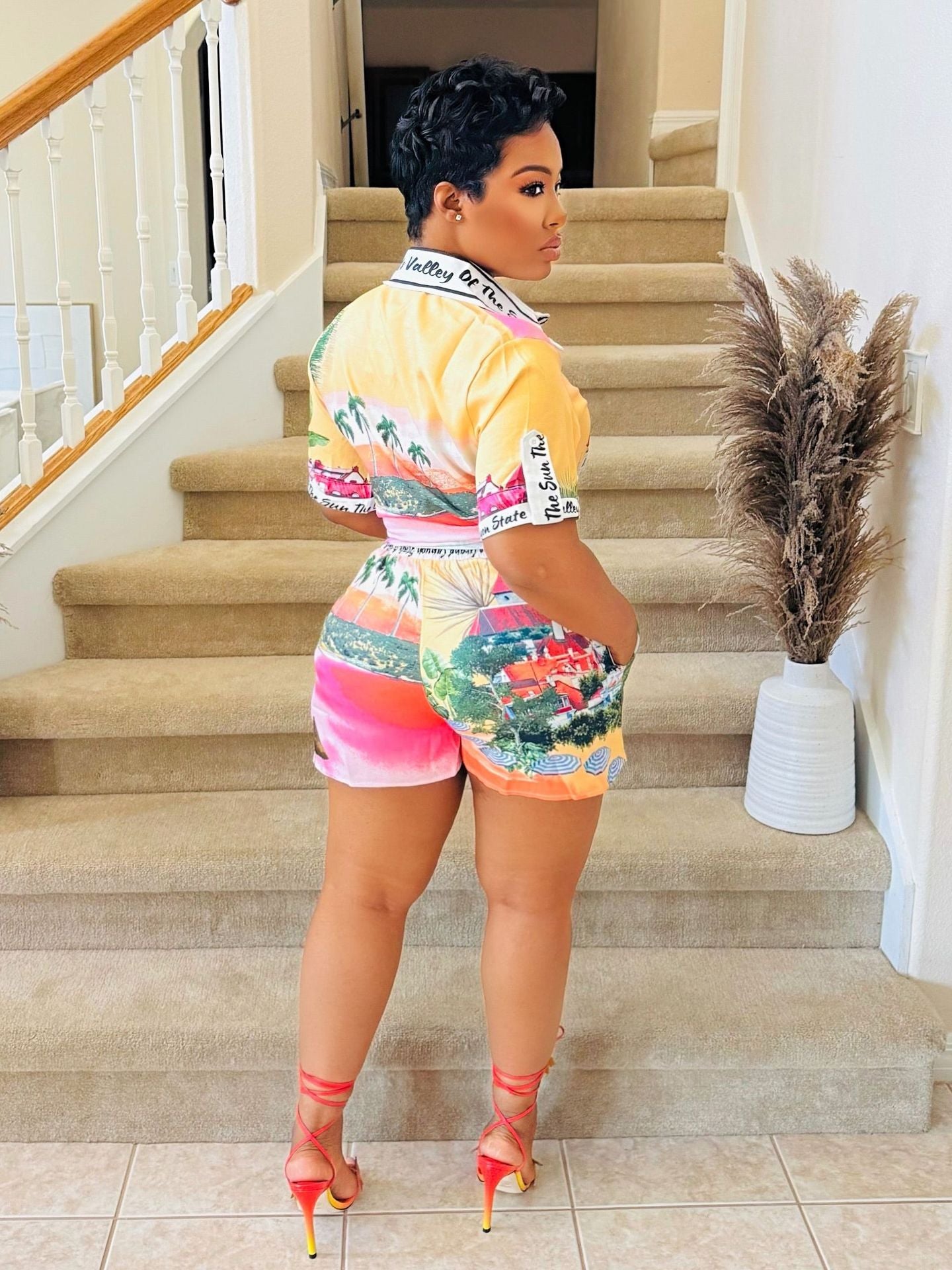 Women’s Print Short Sleeve T-shirt & Shorts Color-Block Holiday Casual Set 18