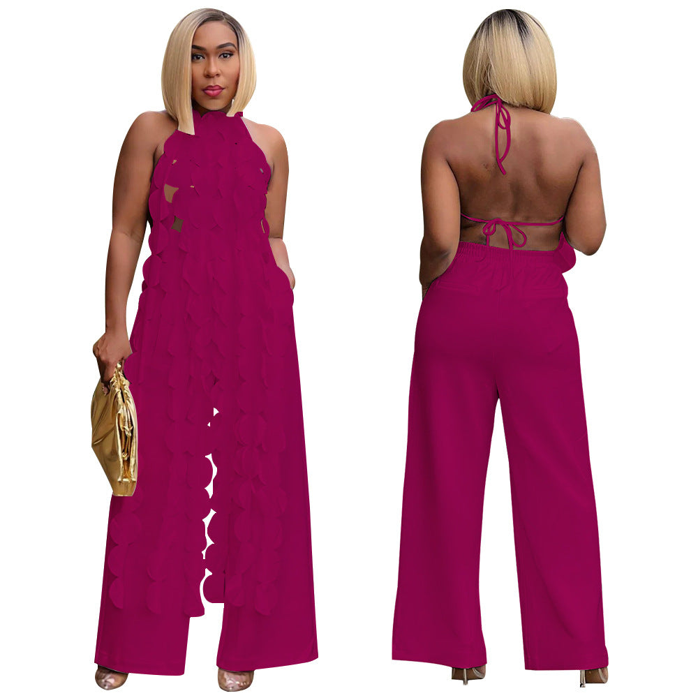 Women's Sexy Low Back Lace Up Long Top Wide Leg Pants Fashion Two Piece Suit 4