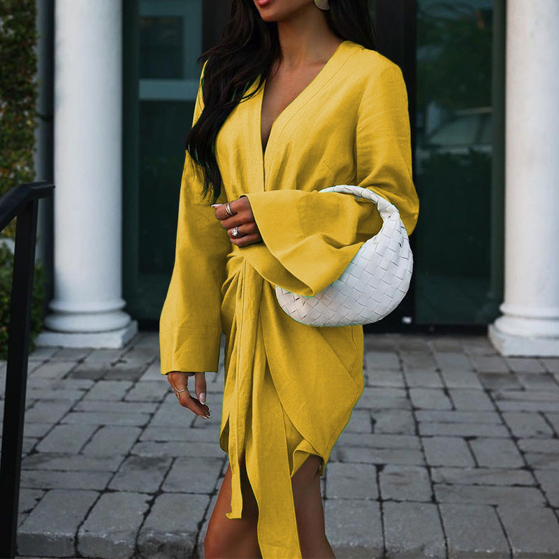 Ladies Fashion Chic Bell Bottom Sleeve V Neck Linen Dress 3