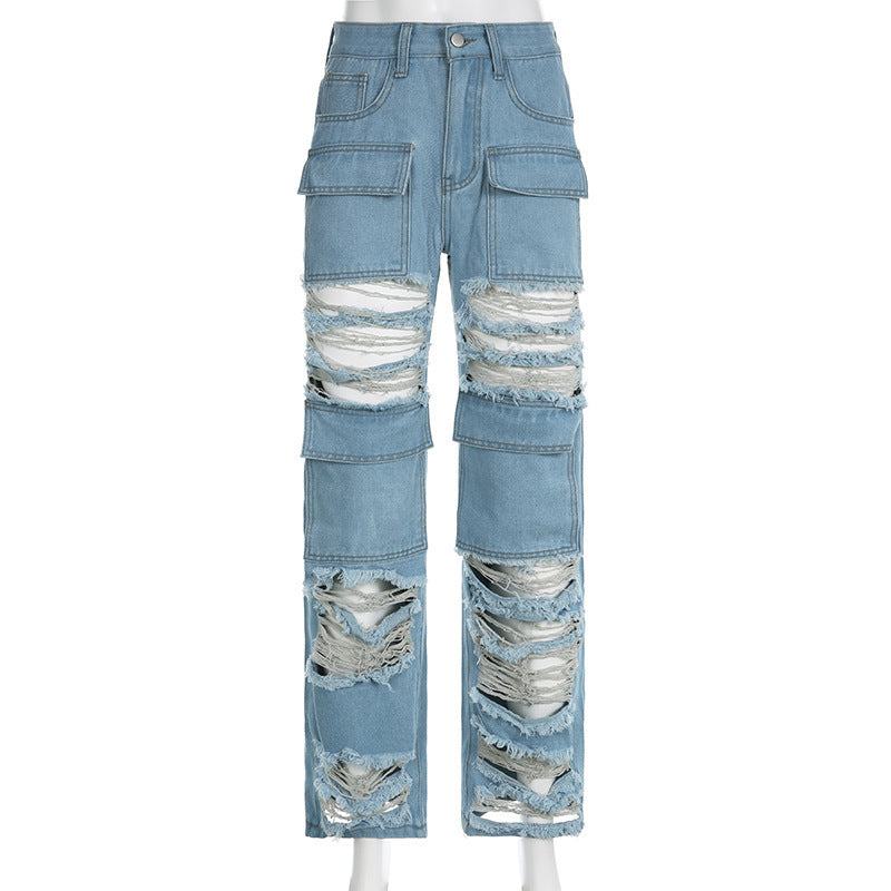 Street Ripped Pocket Patchwork Denim Straight-Leg Pants 6