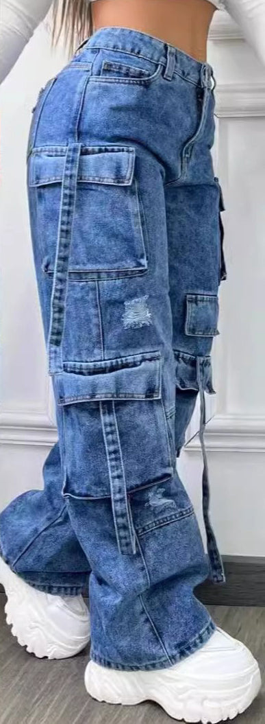 Fashion Solid Color Plus Size High Waist Multi-Pocket Casual Cargo Denim Pants
