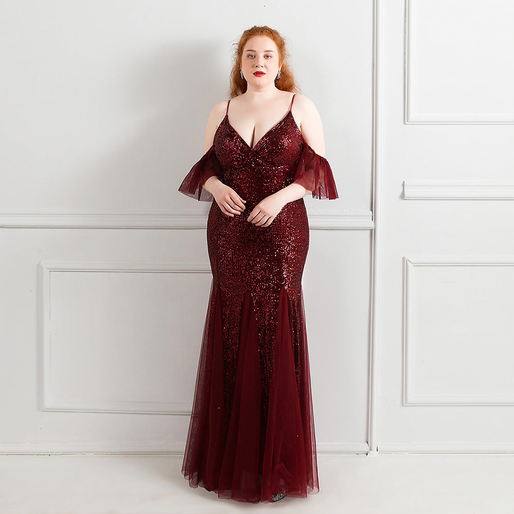 Elegant Straps V-Neck Solid Sequin Plus Size Beauty Long Formal Party Evening Dress 9