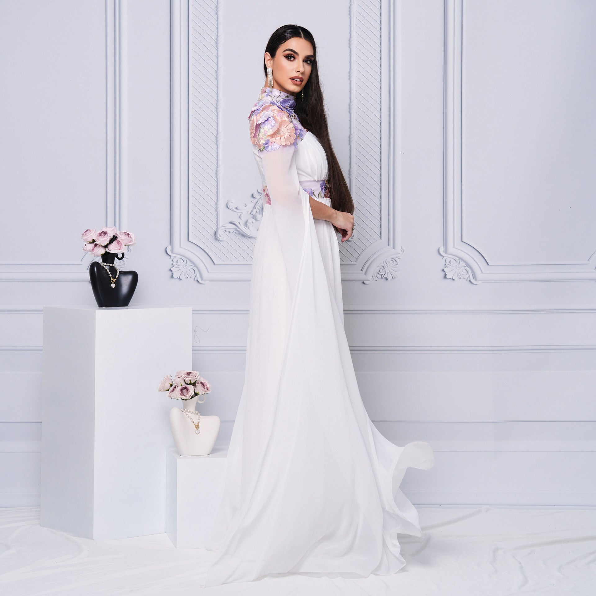 Chic High-Neck Formal Party Embroidered Long Evening Dress Slim Waist Bridesmaid Dress 7