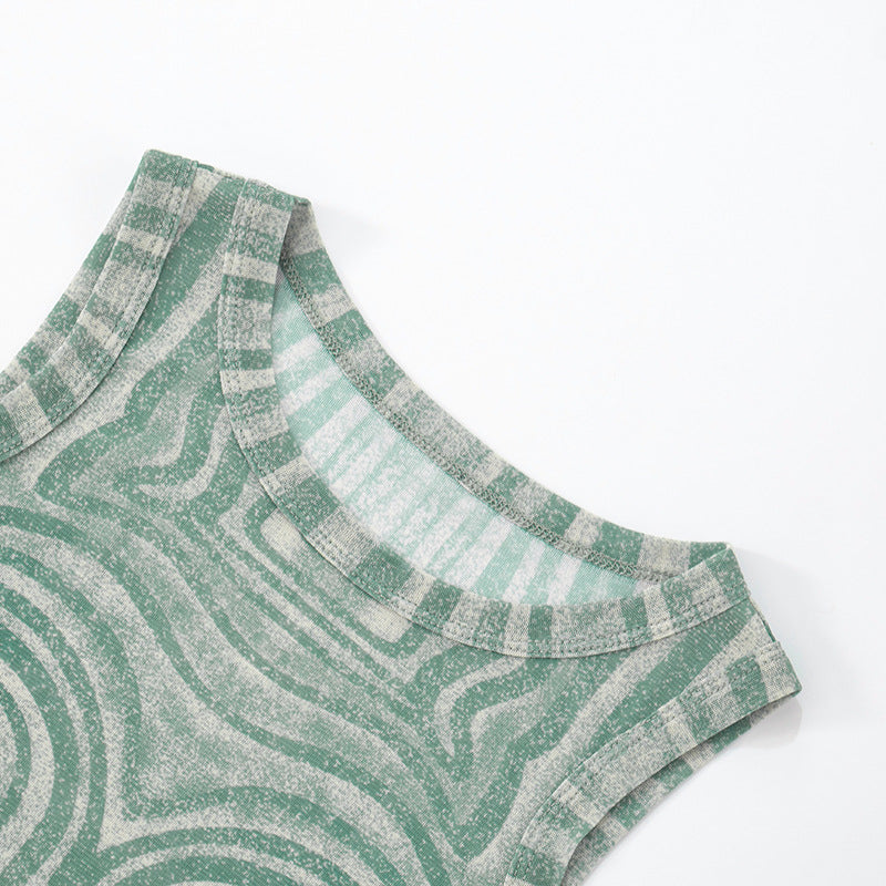 Women's Slim Geometric Pattern Print Round Neck Sleeveless Bodysuit Wide-Leg Pants Two Piece Set 14