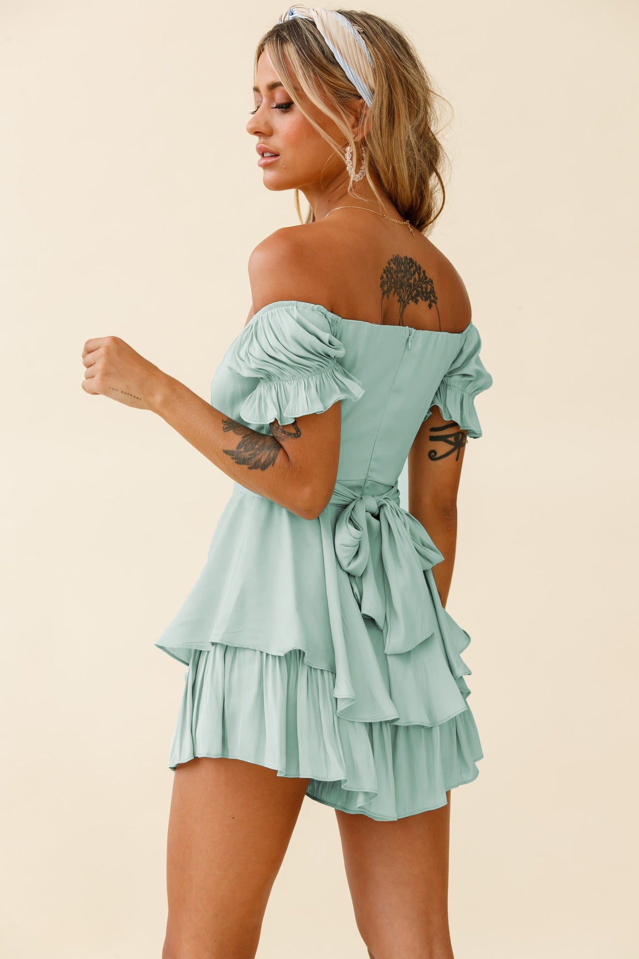 Jumpsuit Solid Color Fashion Sexy Off Shoulder Lantern Ruffle Sleeve Casual Summer Women's Shorts 13