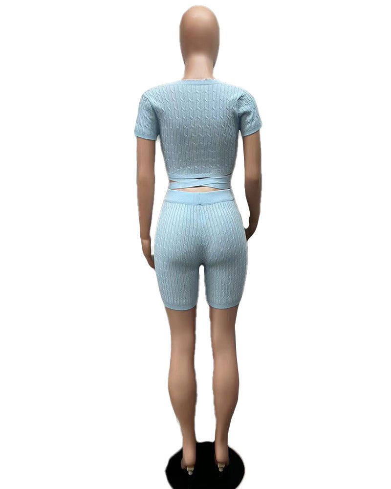 Women's Solid Color Lace-Up Tight Fitting Ribbed Sexy Two Piece Shorts Set 13