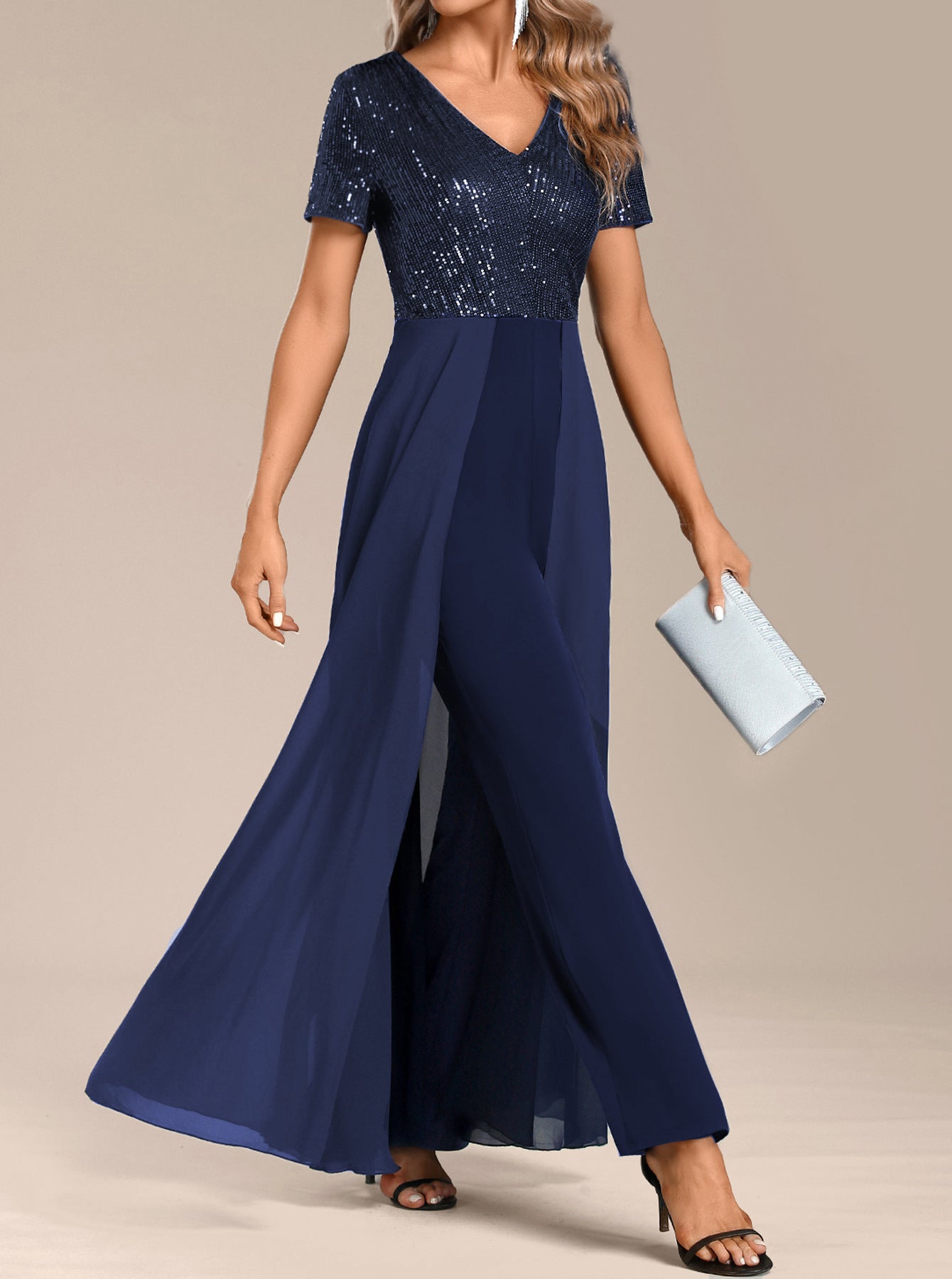 Women Solid Chiffon Sequin Patchwork Jumpsuit 4