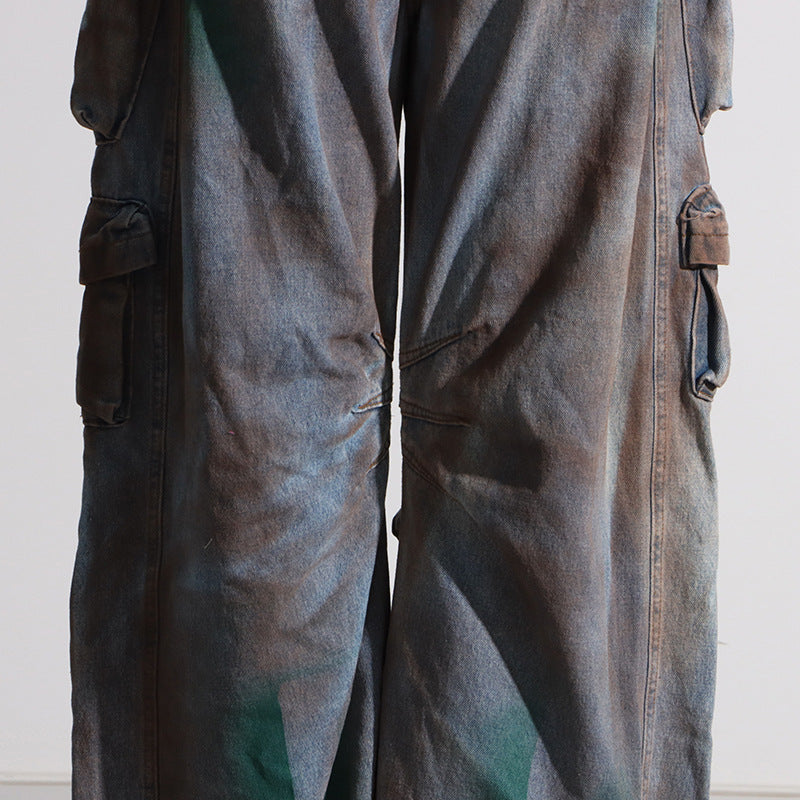 Women Tie Dye Loose Loose Multi Pockets Graffiti Cargo Denim 18