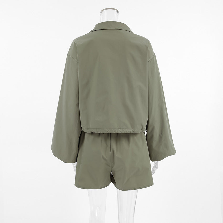 Green Windbreaker Autumn And Winter Loose Stand Collar Long Sleeve Top Split Shorts Casual Two Piece Set 10