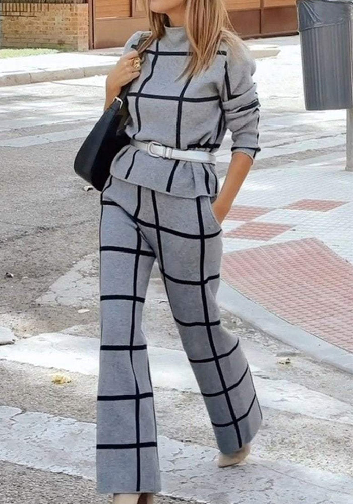 Women Casual Long Sleeve Plaid Print Top and Drawstring Wide Leg Pants Two Piece Set