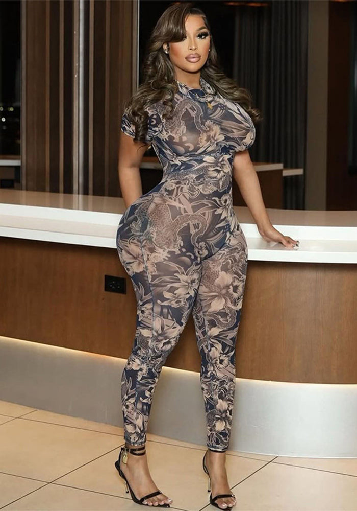 Women Sexy Backless Print See-Through Mesh Jumpsuit