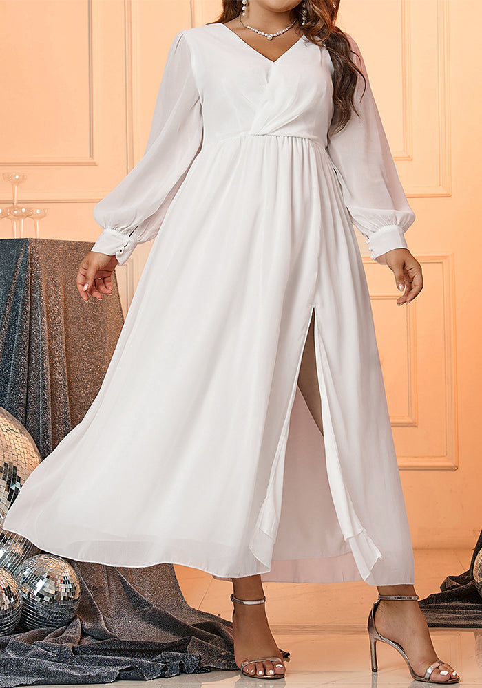 Spring Summer Women's V-Neck Long-Sleeved Chiffon Back Tie Plus Size Dress
