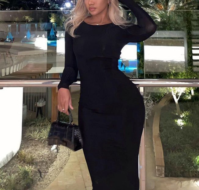 Women autumn solid round neck long-sleeved evening maxi dress