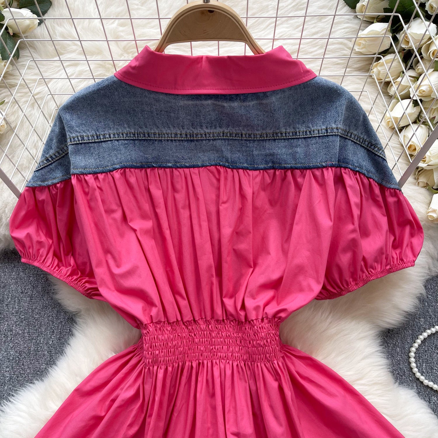 Women Contrast Patchwork Puff Sleeve Stretch Shirt 39