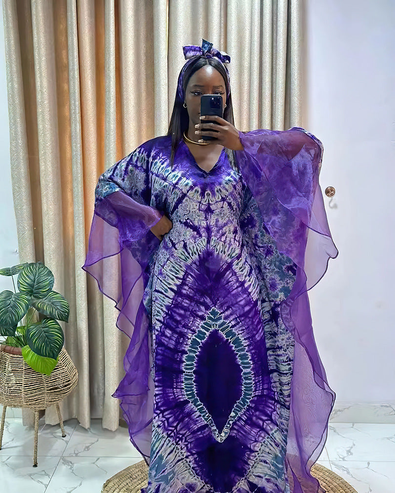 Women's clothing African long robe mesh print dress with headscarf 7