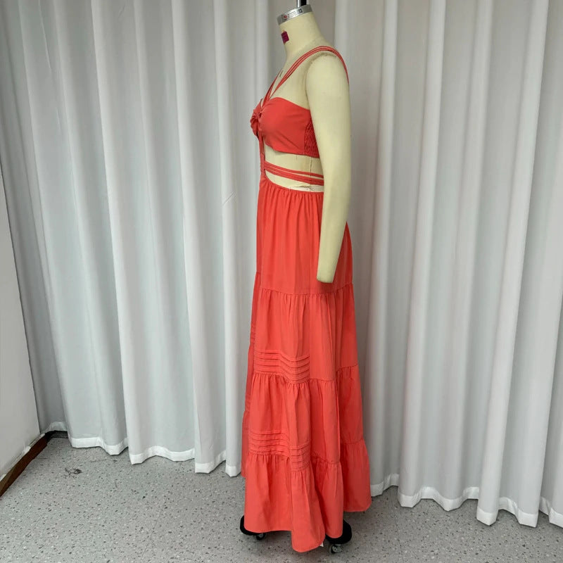 Summer Fashionable And Sexy Strap Solid Color Hollow Long Dress 8