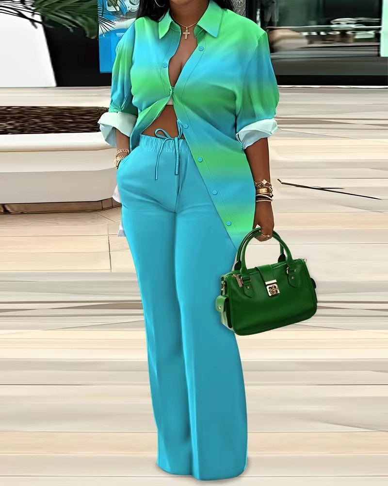 Women's Fashion Casual Print Long Sleeve Shirt Pants two piece Set 6