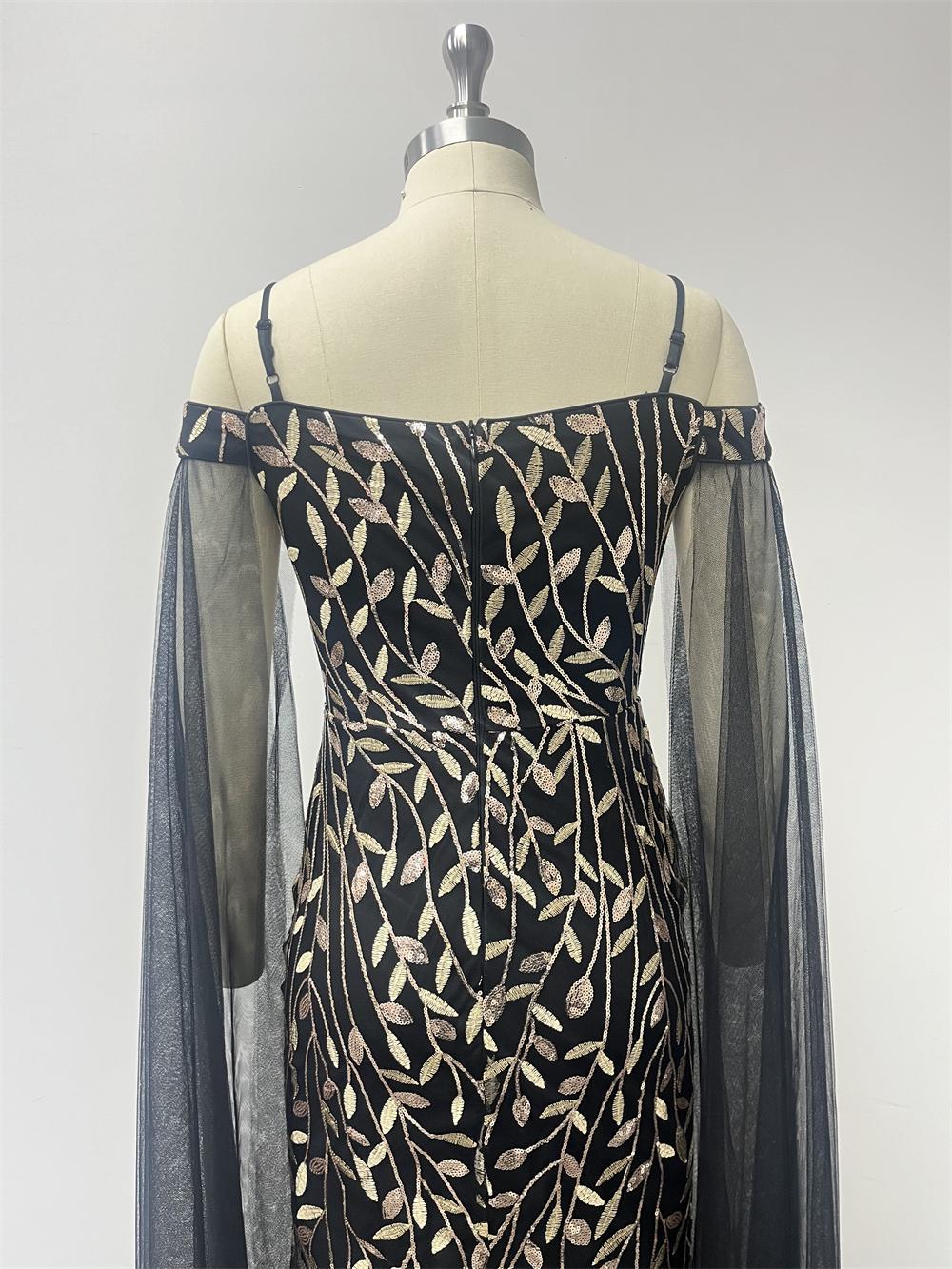 Women black elegant sequin embroidered off-shoulder suspenders formal evening gown 8