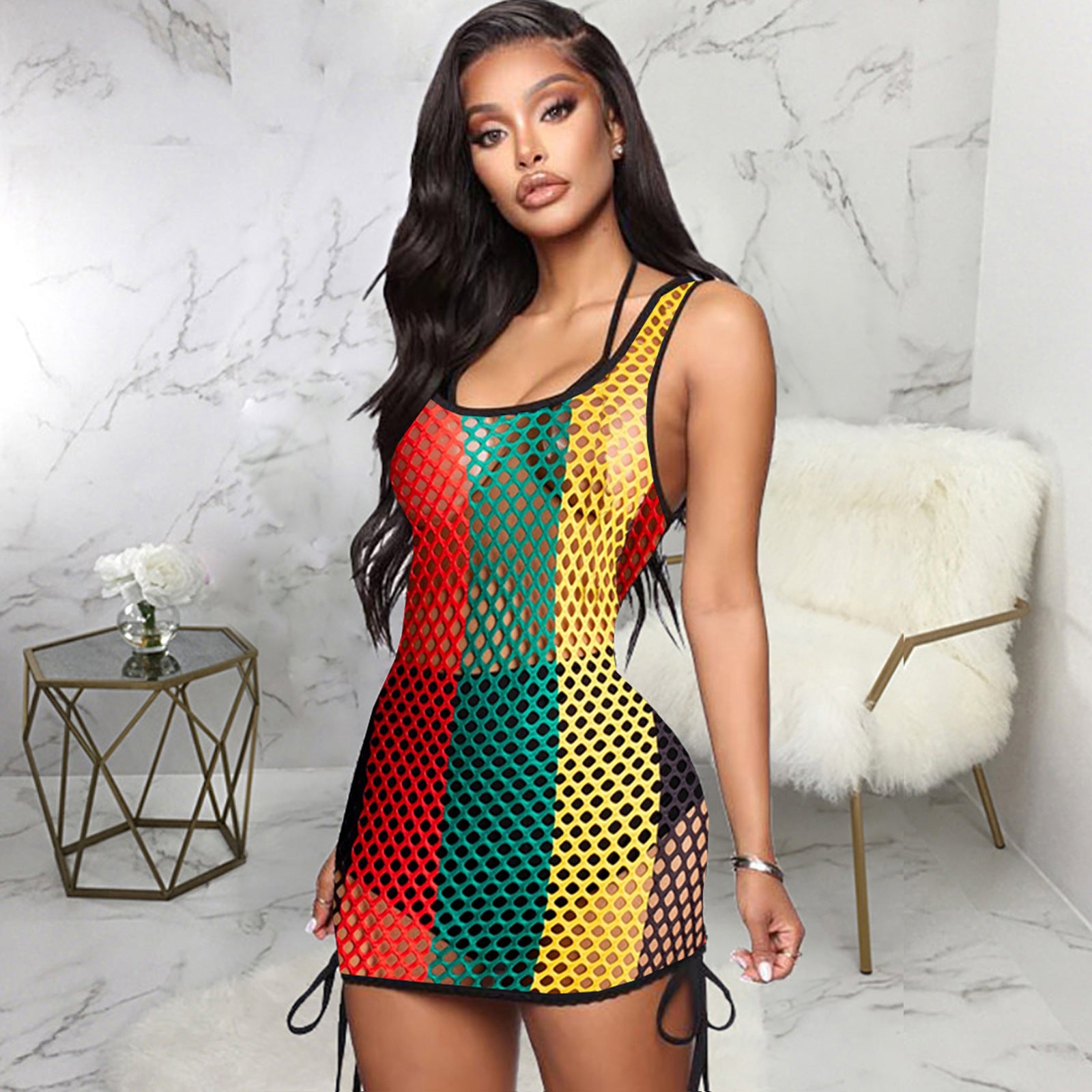 Women's Cutout See-Through Multi-Color Mesh Beach Cover Up Tank Dress 3