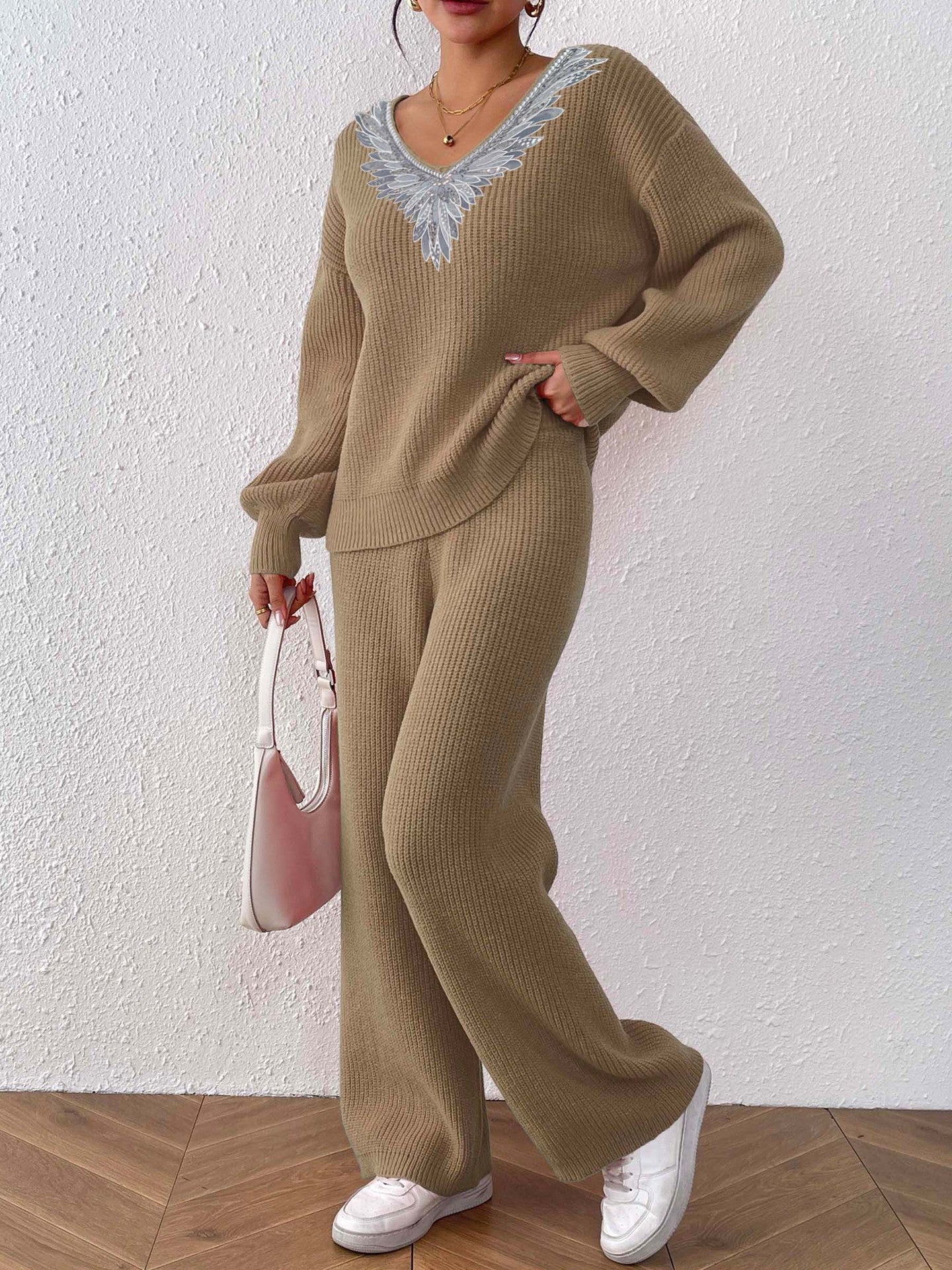 Women's Knitted V-Neck Loose Top & Solid Wide Leg Straight Pants Sweater Two-Piece Set 7