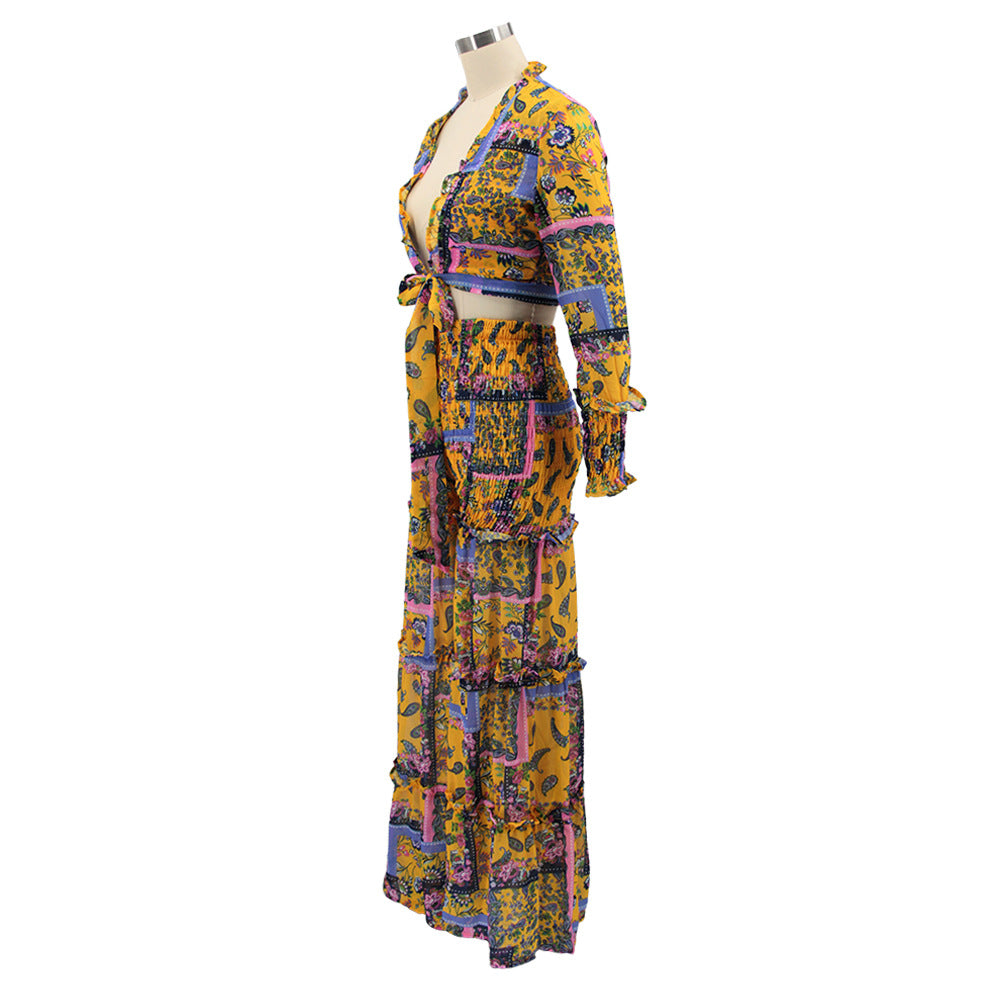 Women chiffon irregular printed long-sleeved top and wide-leg pants Casual two-piece set 33