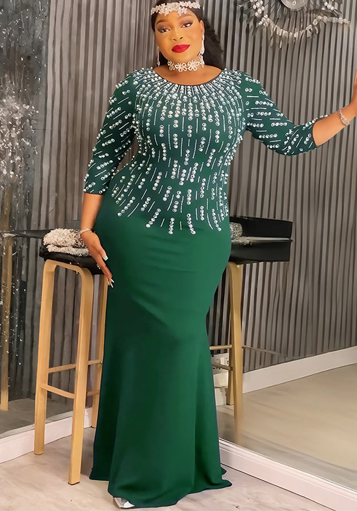 African Plus Size Women's Fashion Beaded Gown Solid Color Dress