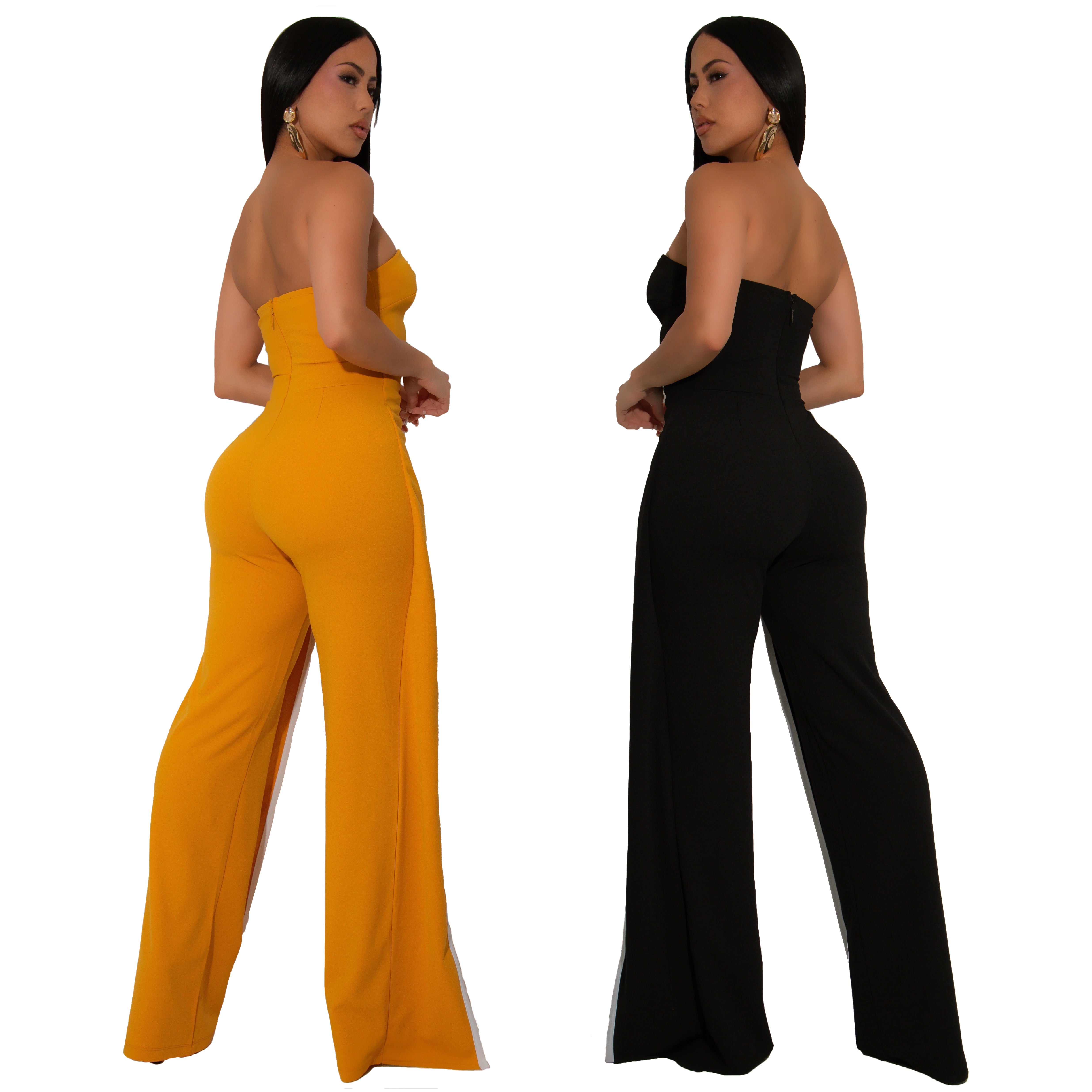 Women Sexy Strapless Metal Button Sleeveless Wide Leg Pants 7