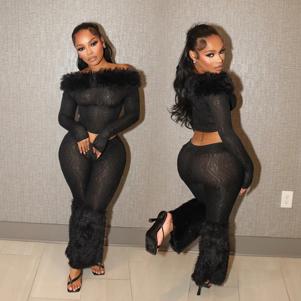 Long Sleeve Off-Shoulder Top & Slim Trousers Furry Two-Piece Set 3