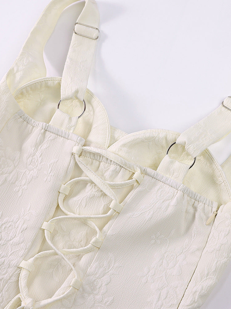 Women's Jacquard Strap Sexy Low Back Ruffle Short Dress 43