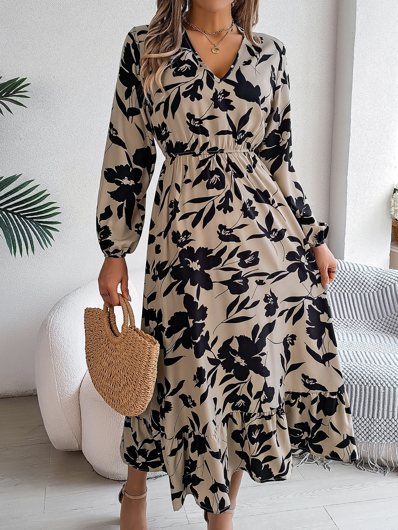 Autumn Winter Casual Flower Slim Waist Long Sleeve Women's Ruffle Midi Dress 8