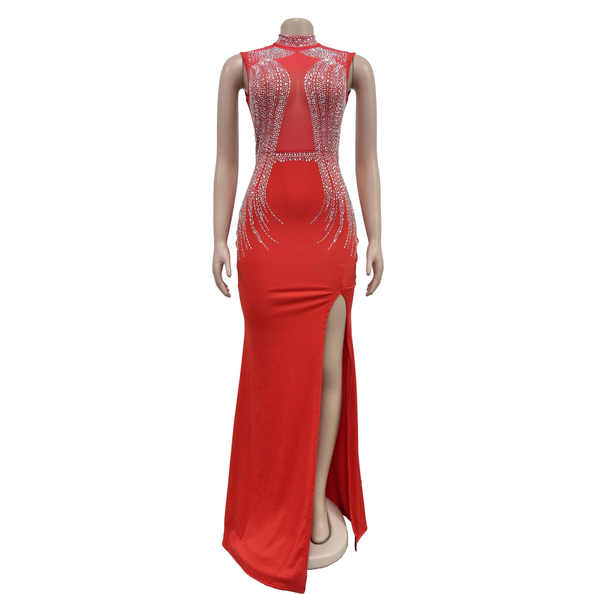 Women Solid Mesh Beaded Slit Maxi Dress 20