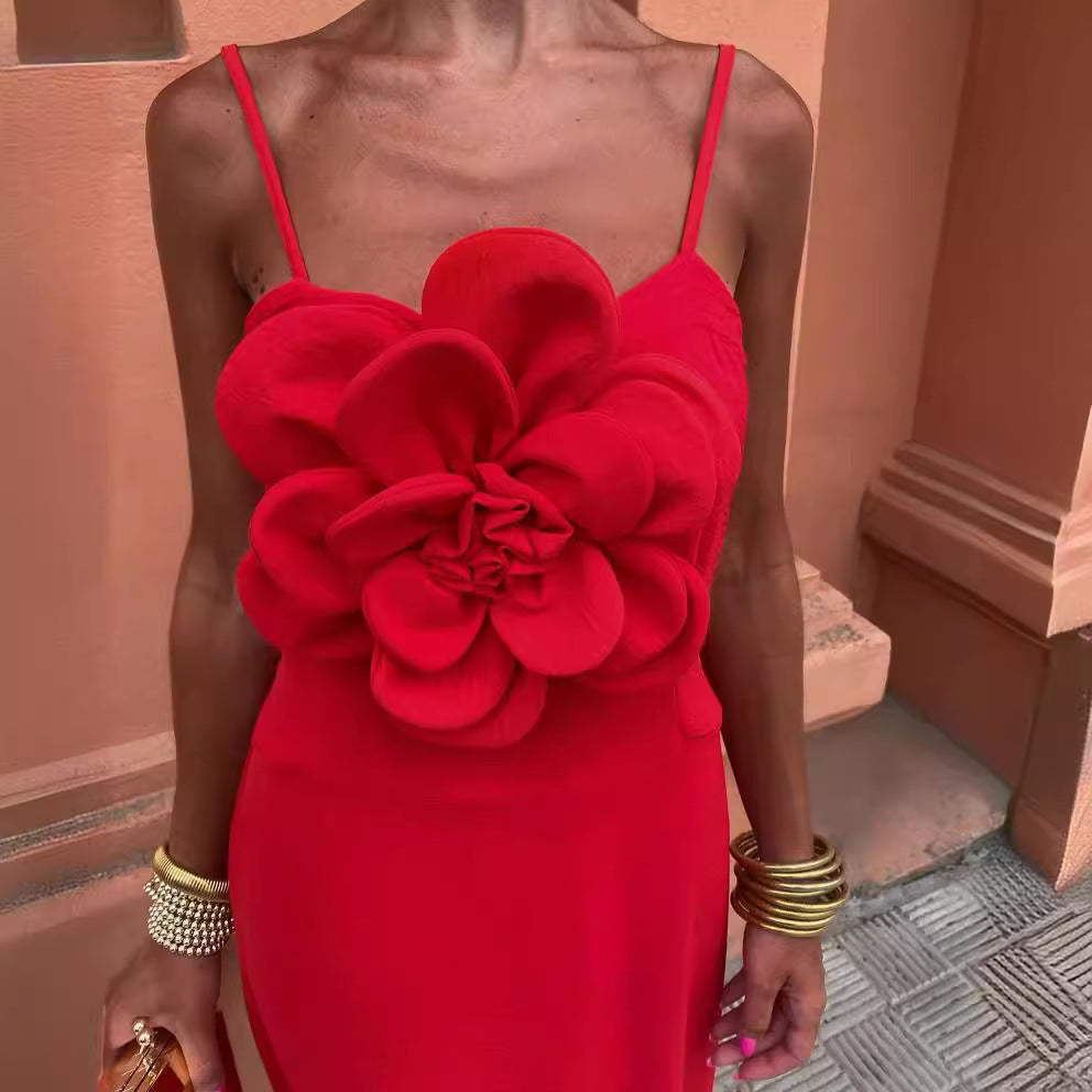 Women Large Flower Suspender Maxi Dress