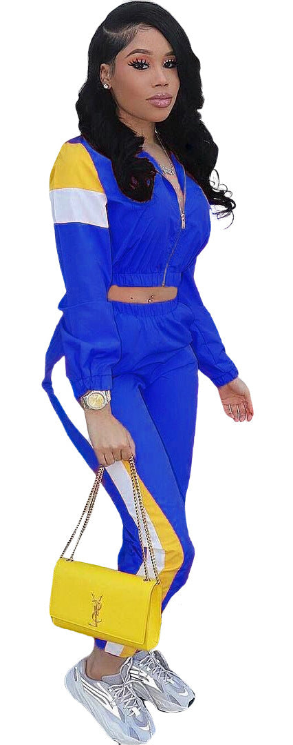 Women's Patchwork Sport Contrast Casual Tracksuit Two Piece Set 18