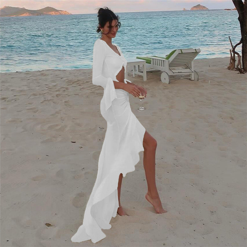 Summer Women's V-Neck Sheer Sexy Cutout Slim Log Dress 4