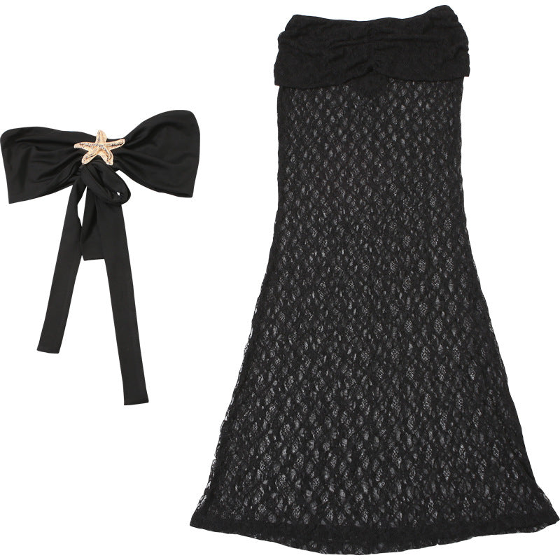 Women summer solid sexy lace-up strapless top and lace maxi skirt two-piece set 13