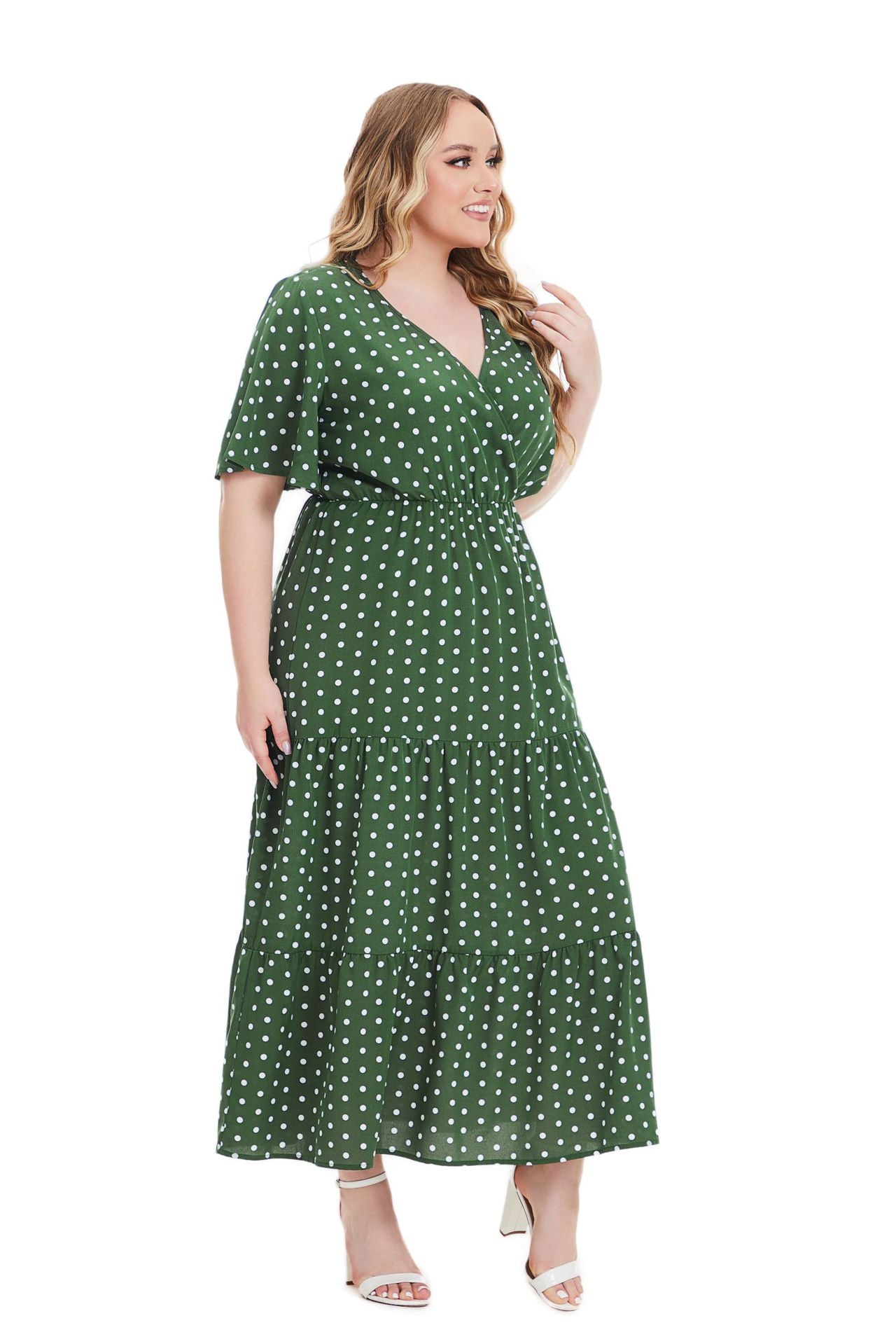 Plus Size Women Summer V Neck Polka Dot Short Sleeve Dress 7