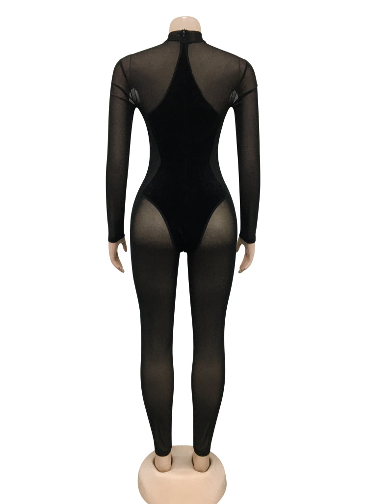 Women Spring Black Velvet Patch Sexy Mesh Tight Fitting Party Jumpsuit 7