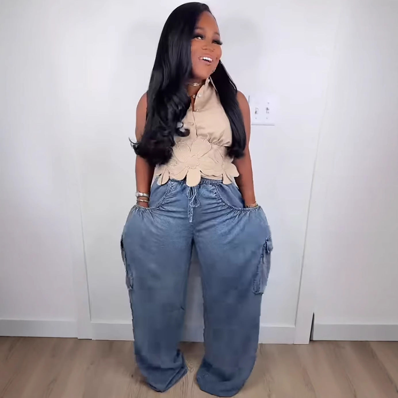 Women's Casual Denim Pants Elastic Waist Drawstring Multi-Pocket Straight Jeans 4