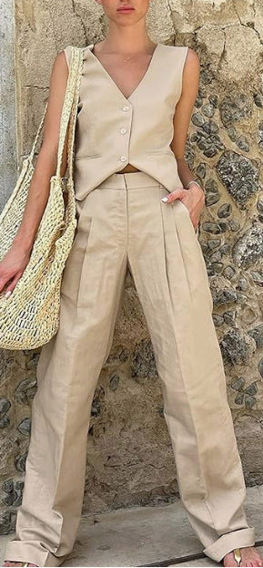 Women sleeveless vest Top and Pant Solid two-piece set 5