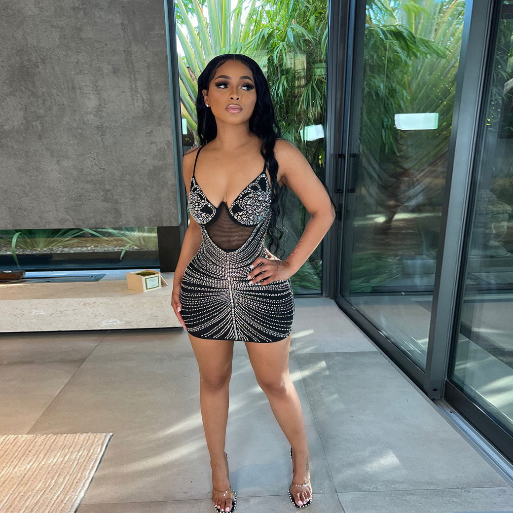 Sexy Beaded Strap Dress Nightclub Wear