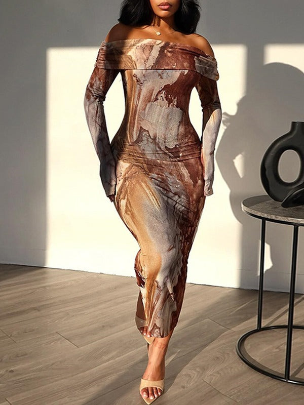 Women's Retro Fashion Print Sexy Off Shoulder Long Sleeve Trendy Dress 4