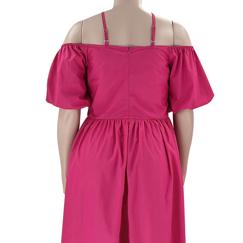 Solid Color Sexy Strapless Halter Neck Plus Size Women's Fashion Loose Short Sleeve Dress 22