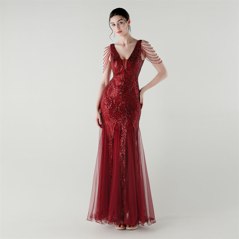 Spring Summer Low Back Sequined Mesh Slim Fishtail Party Evening Dress 6