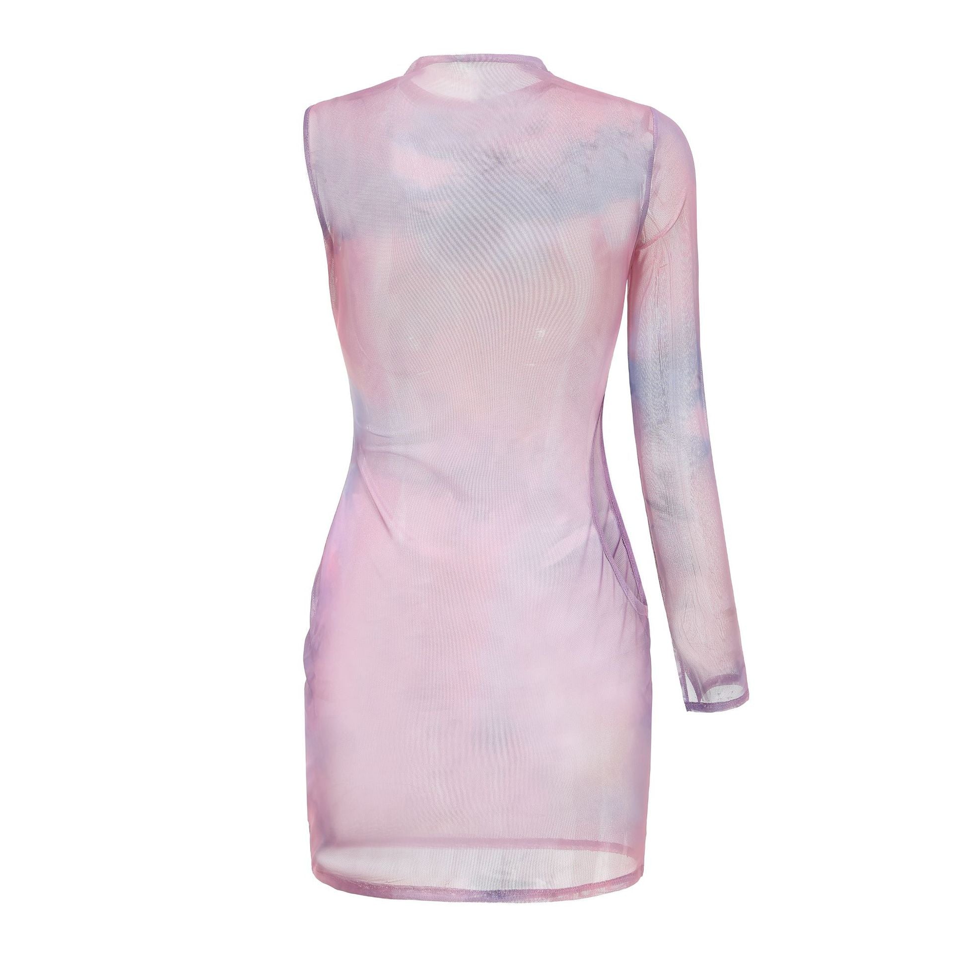 Women Spring Printed Mesh See-Through Hollow Round Neck Single Sleeve Dress 18