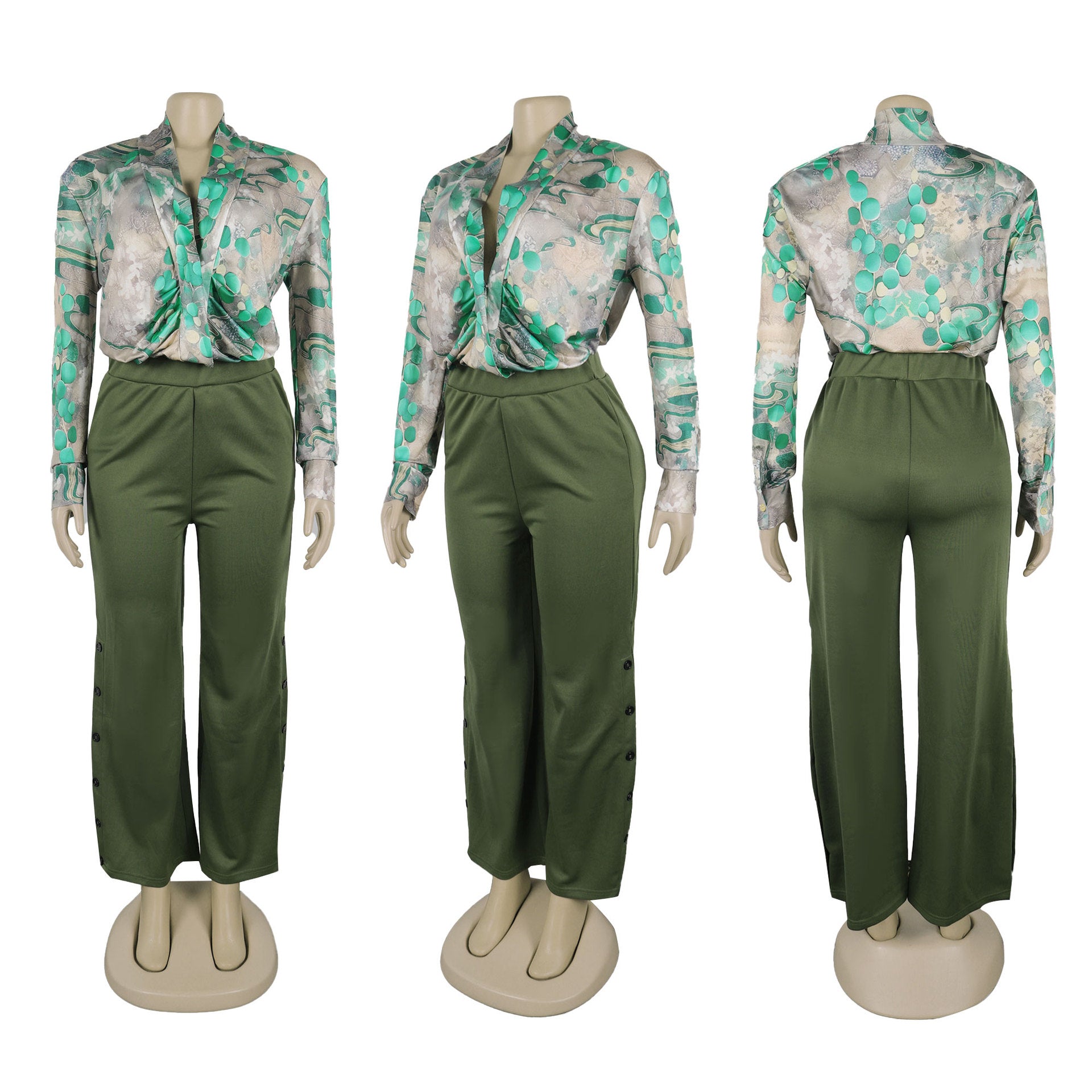 Women Printed V-neck Shirt And Wide-leg Pants Two-piece Set 6
