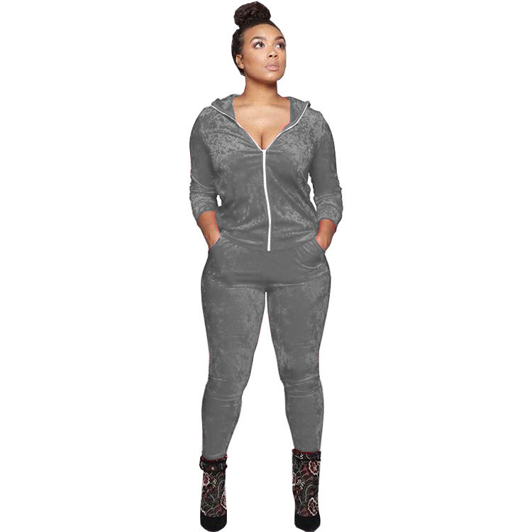 Women Fall and Winter Casual Velvet Hooded Zippered Top Long Pants Two-piece Set 10