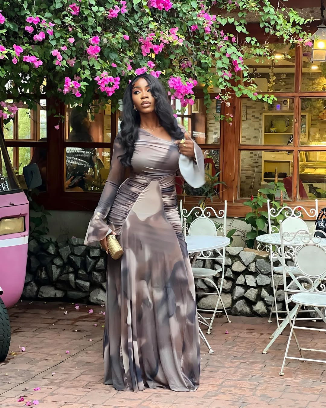 Women's Summer Chic Printed Slash Shoulder Pleated Slim-Fit Long Dress 3