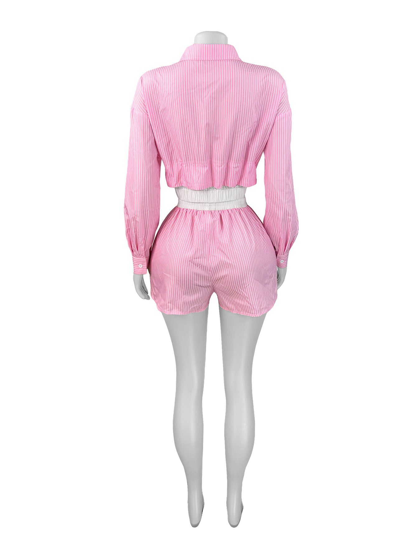 Women Turndown Collar Striped Long Sleeve Shirt Patchwork Shorts Two Piece Set 7