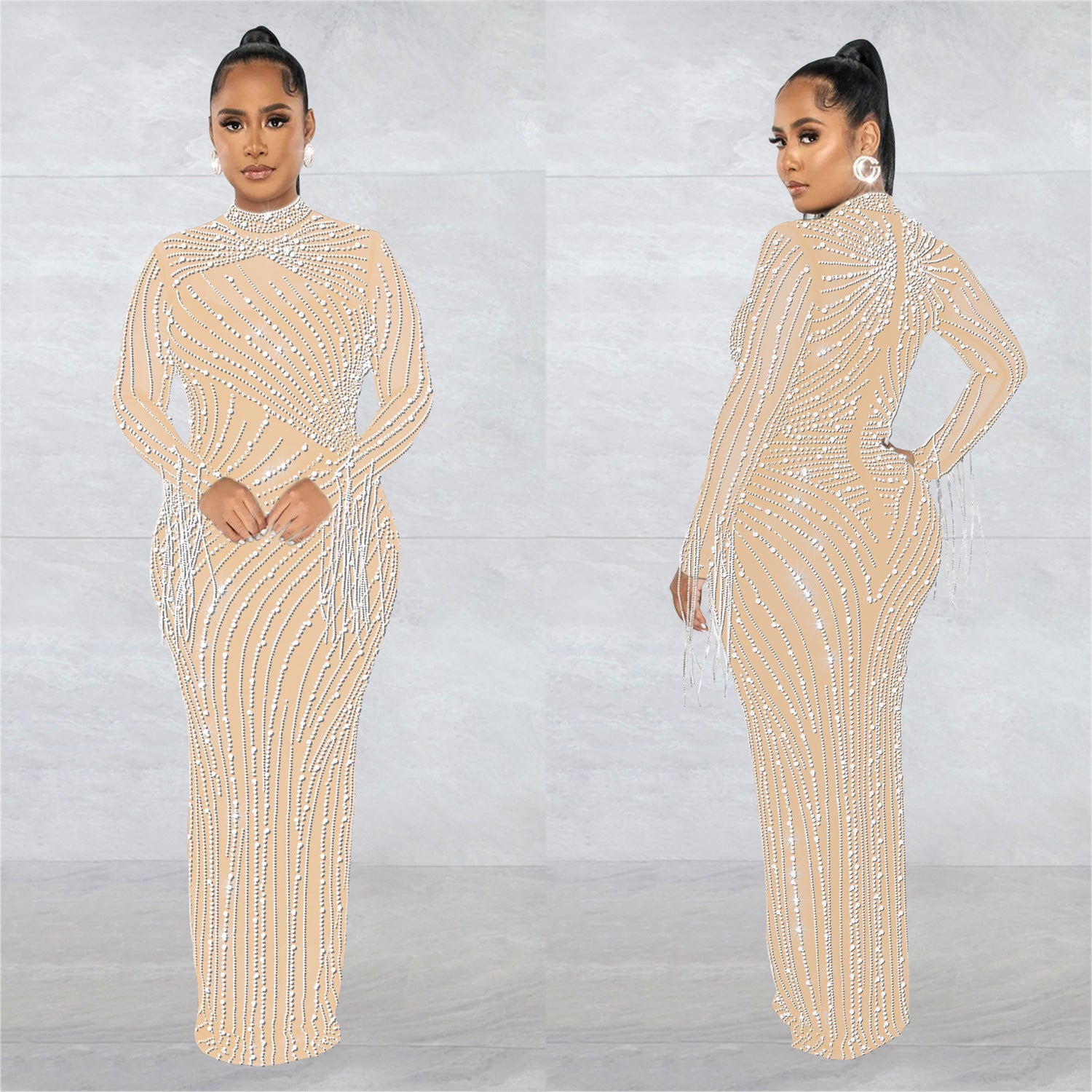 Women Mesh See-Through Beaded Long Sleeve Maxi Dress Set 3